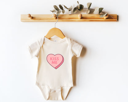 Kiss Me Valentine's Day Conversation Candy Heart Baby Bodysuit