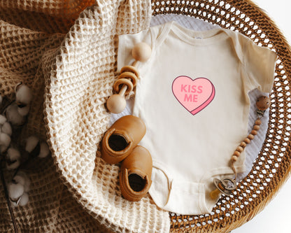 Kiss Me Valentine's Day Conversation Candy Heart Baby Bodysuit