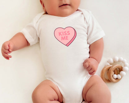 Kiss Me Valentine's Day Conversation Candy Heart Baby Bodysuit