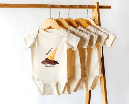 A short sleeve cotton baby bodysuit with a graphic of a melting ice cream cone and the text "having a meltdown"