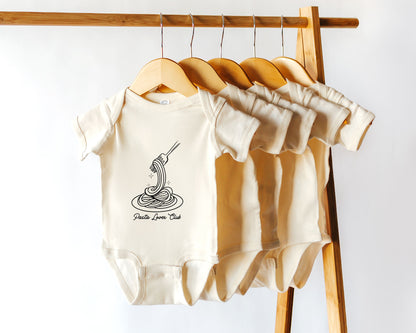 Short sleeve cotton baby onesie with a pasta plate graphic and the text "Pasta Lover Club".