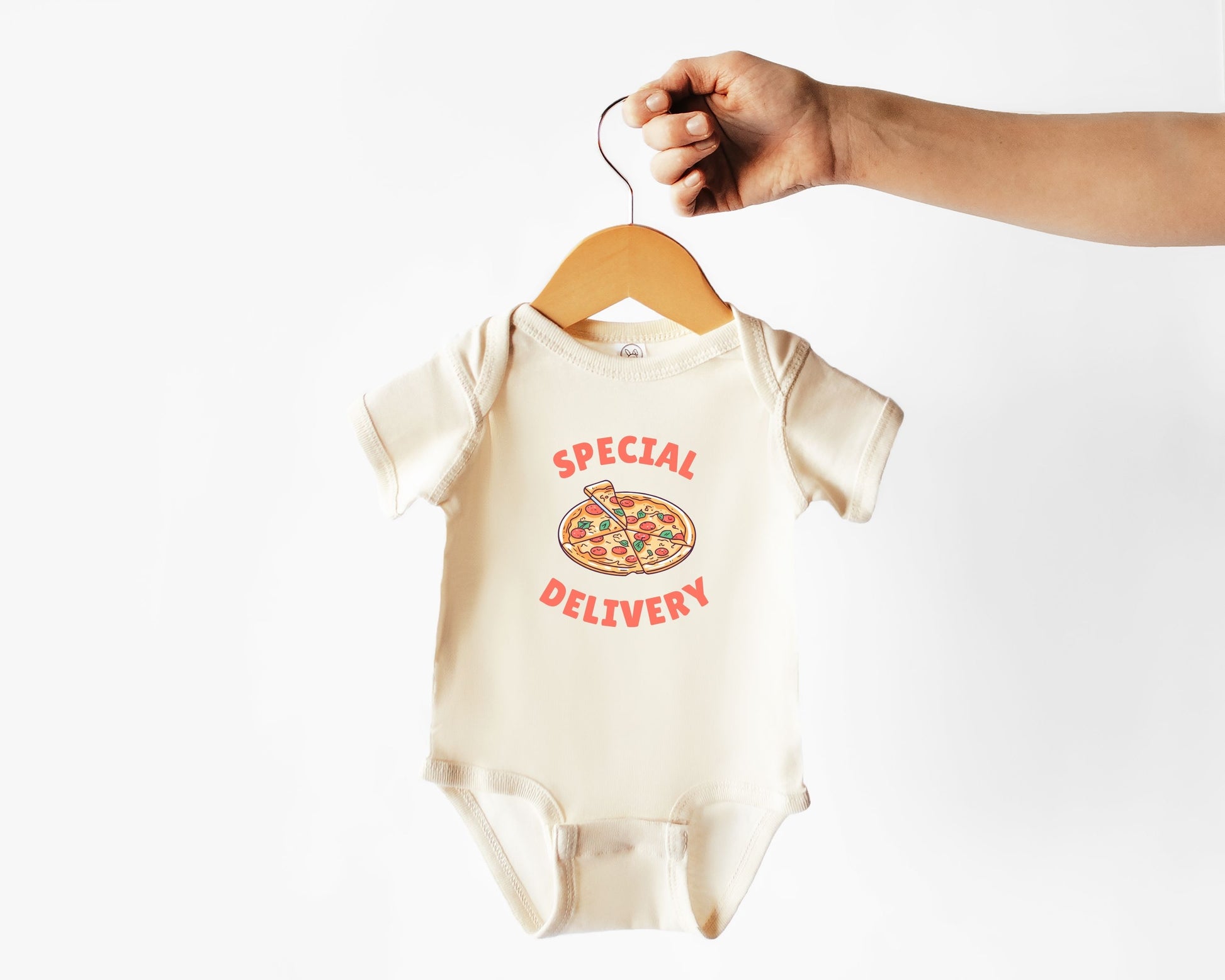 Short sleeve cotton baby onesie with a pizza graphic and the text Special Delivery