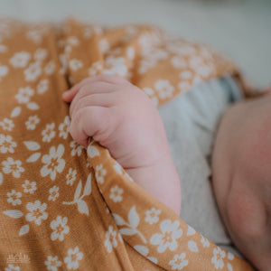 Muslin Swaddle Baby Blanket | Mustard Floral Print